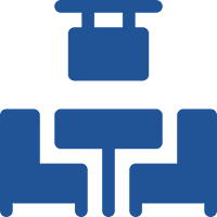Blue abstract seating icon on black background