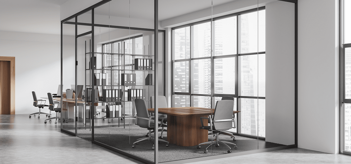 Minimalist office with large windows