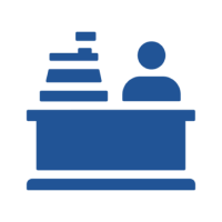 Blue desk symbol with person and files